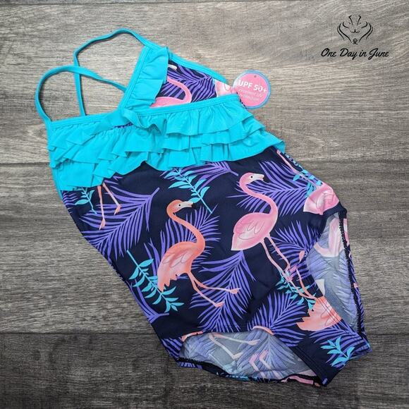 Sanifer Girls Flamingo Ruffle One Piece Swimsuit Size 7-8 Yrs - Picture 1 of 4